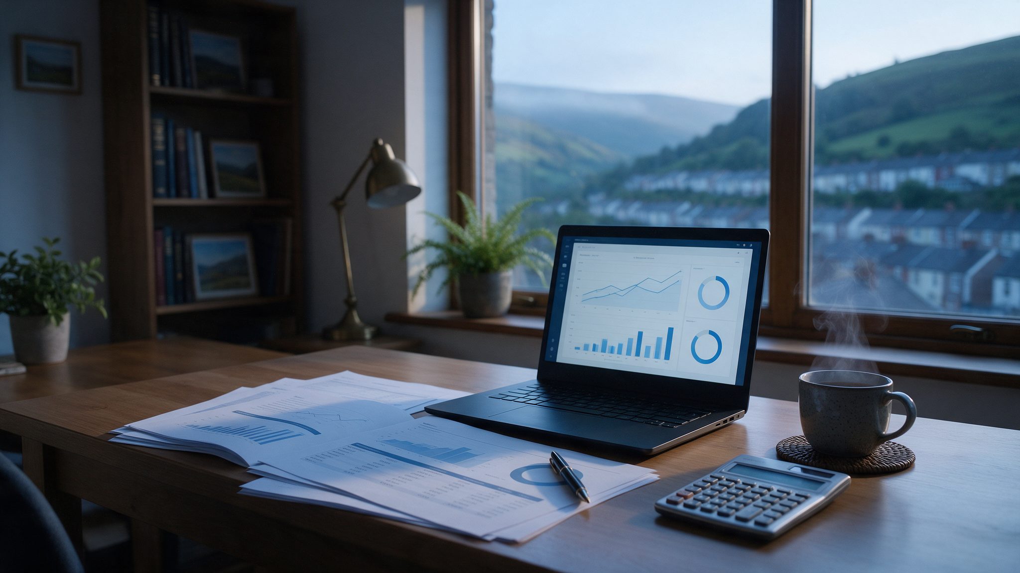 An accountant's desk with management reports, a laptop dashboard and a calculator, overlooking a Rhondda valley