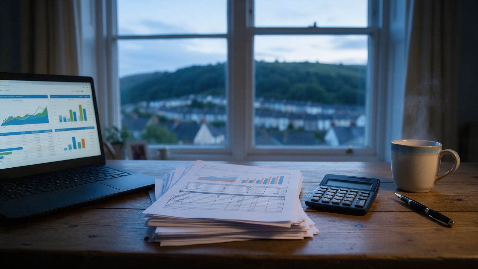 Management reports, a calculator and a laptop on a desk by a window